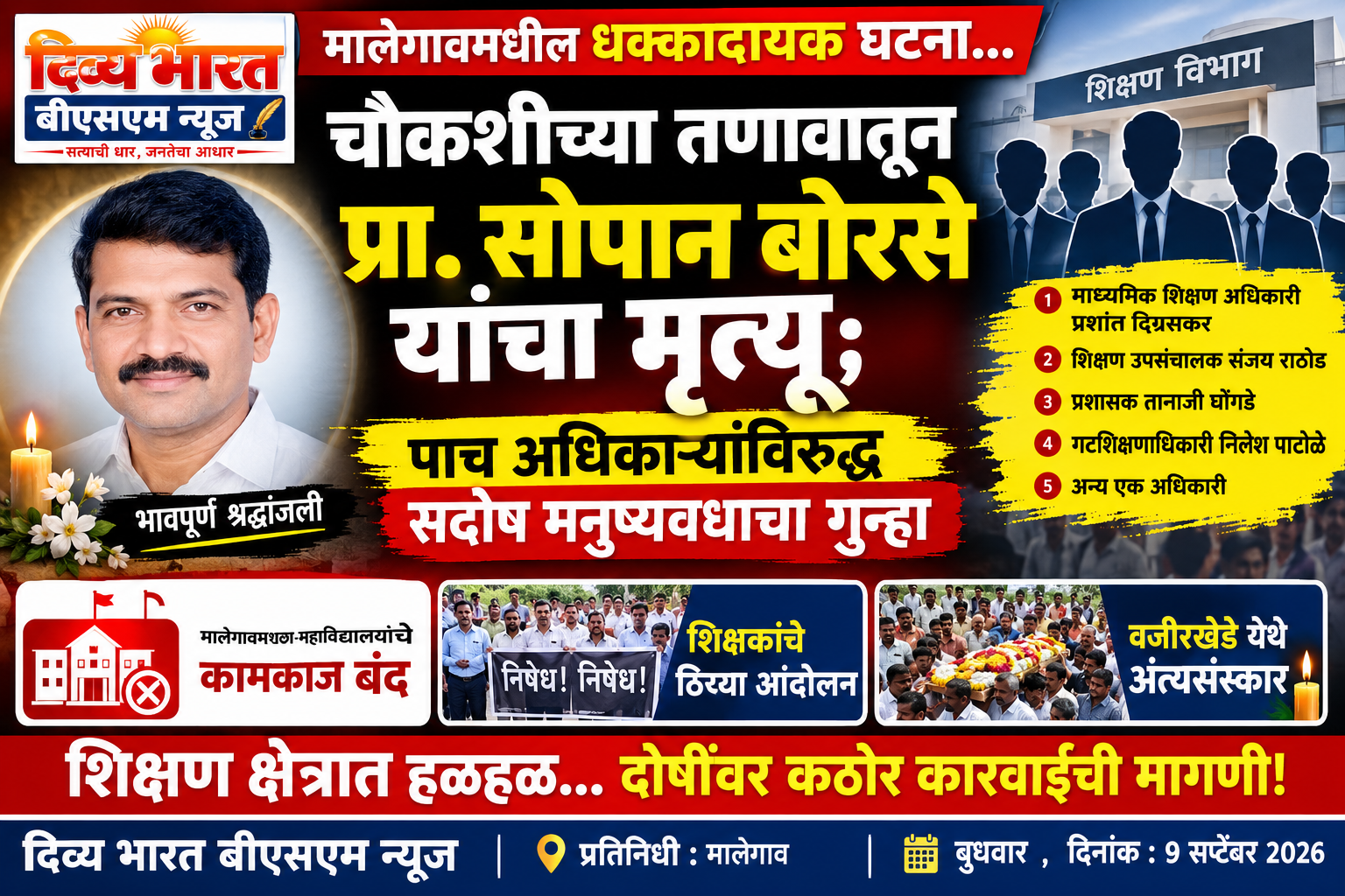 मालेगाव  :- चौकशीच्या तणावातून प्रा. सोपान बोरसे यांचा मृत्यू; पाच अधिकाऱ्यांविरुद्ध सदोष मनुष्यवधाचा गुन्हा-(मालेगाव | प्रतिनिधी)